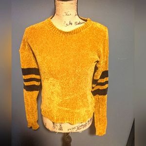POOF Camel Brown Chenille Crewneck with Black Racing Stripes, Women's size Sm